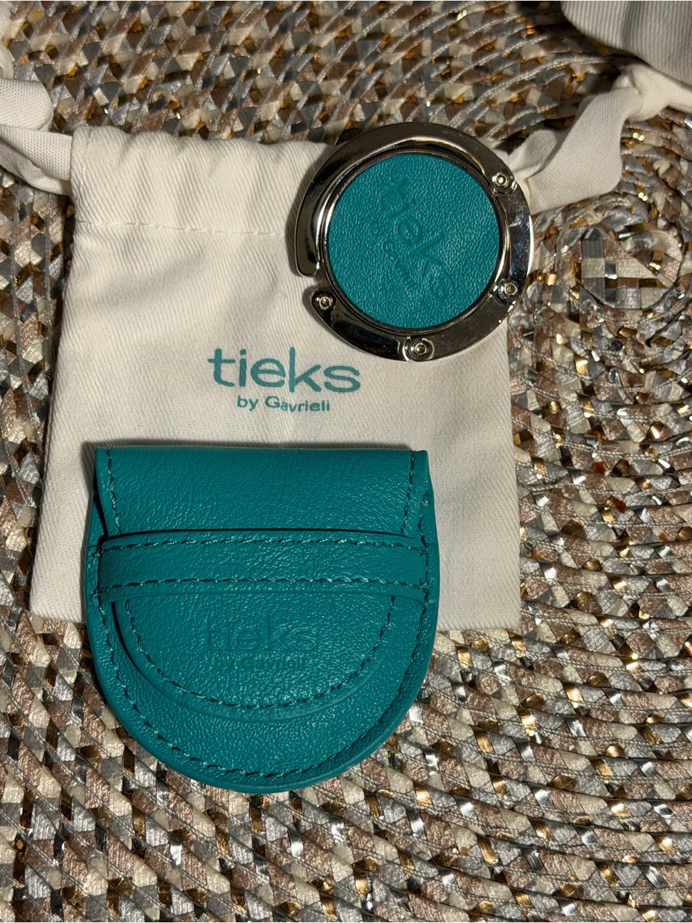 Tieks Teal Leather Coin Pouch & Foldable Purse Hook